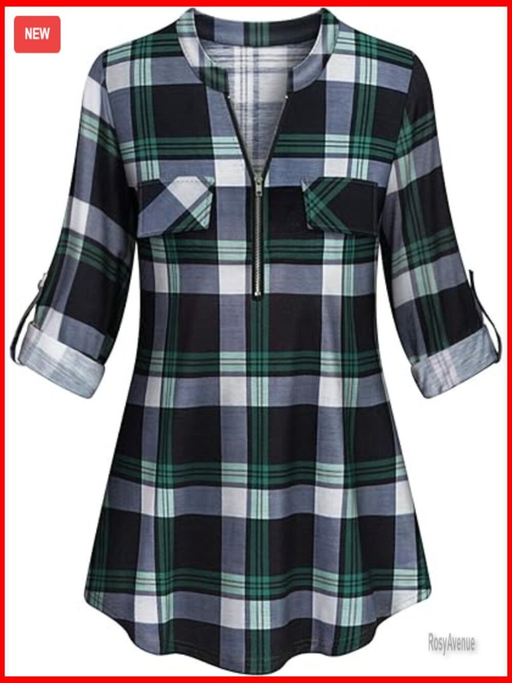 Long Sleeve Plaid Tunic Blouse with Zipper V Neck